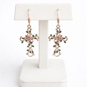 Rose Gold Tone Cross Earrings Pink Crystal Green Leaf Filigree
